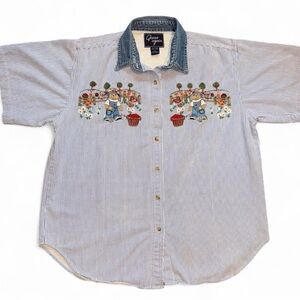 Vintage Teddy Bear Grandmacore Striped Button-Down Shirt with Embroidered Design